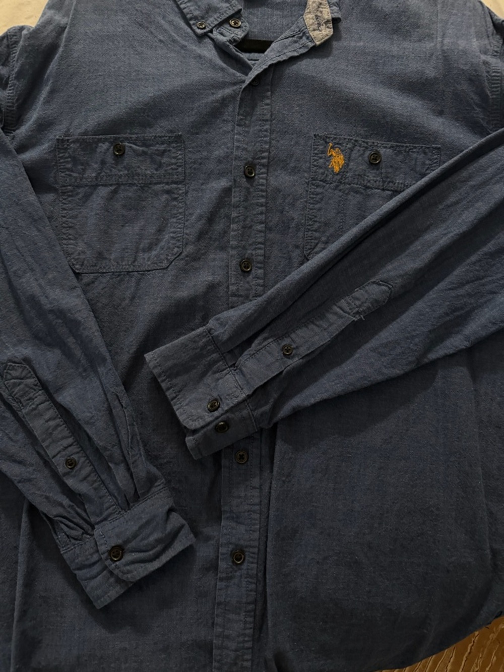 U.S. Polo Assn. Men's Long Sleeve Button-Up Shirt - Navy with Gold Logo